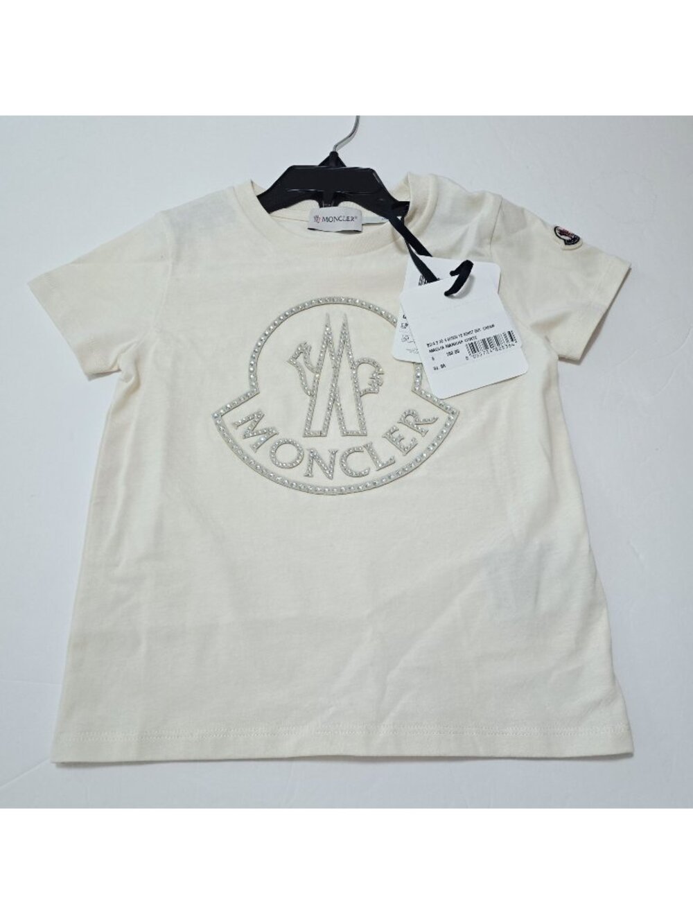 NEW Moncler Girl's - 10, 12 Yr Embellished Bell Logo T-Shirt White Cotton